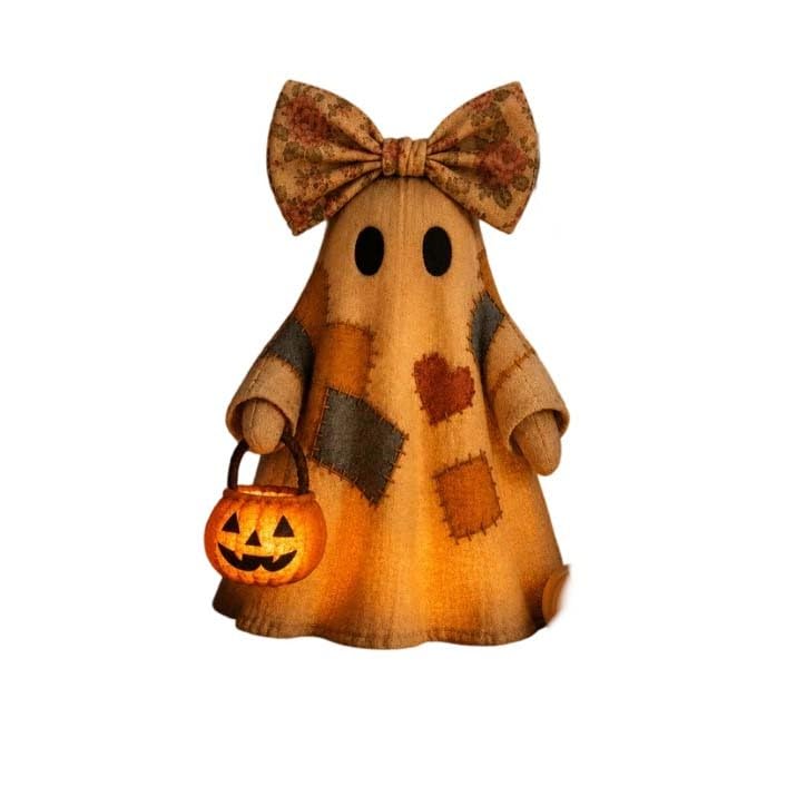 Lighted vintage patchwork ghost with pumpkin lantern — A with lights