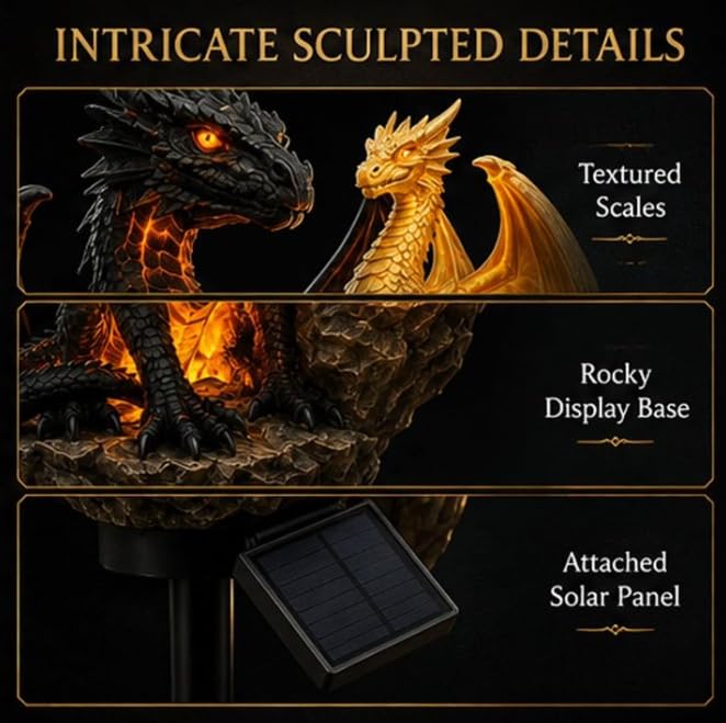 Golden Ember solar dragon garden statue light — dimensions and features