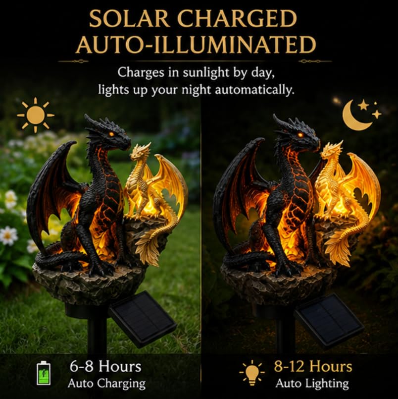 Golden Ember solar dragon garden statue light — outdoor garden display