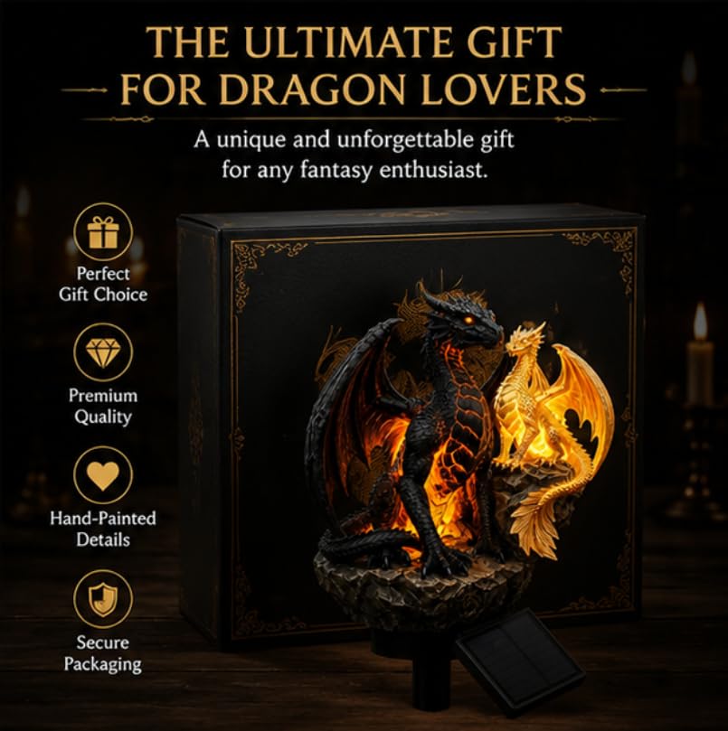 Golden Ember solar dragon garden statue light — night glow display