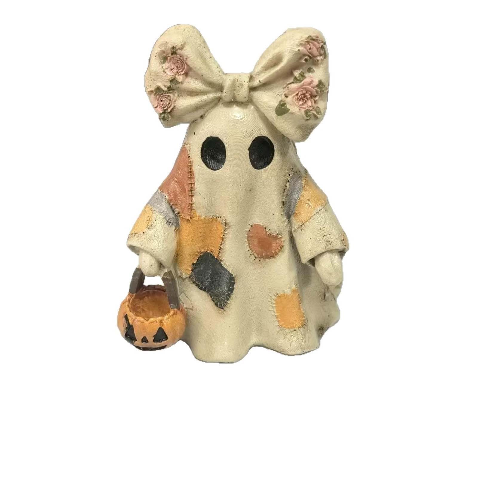 Lighted vintage patchwork ghost with pumpkin lantern — A without lights