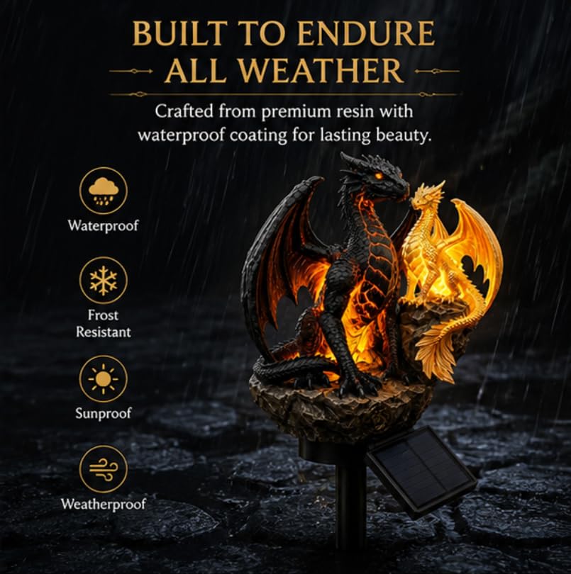 Golden Ember solar dragon garden statue light — golden dragon detail