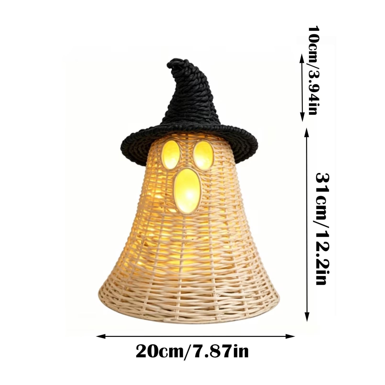 Handwoven natural-look ghost with black witch hat table decor