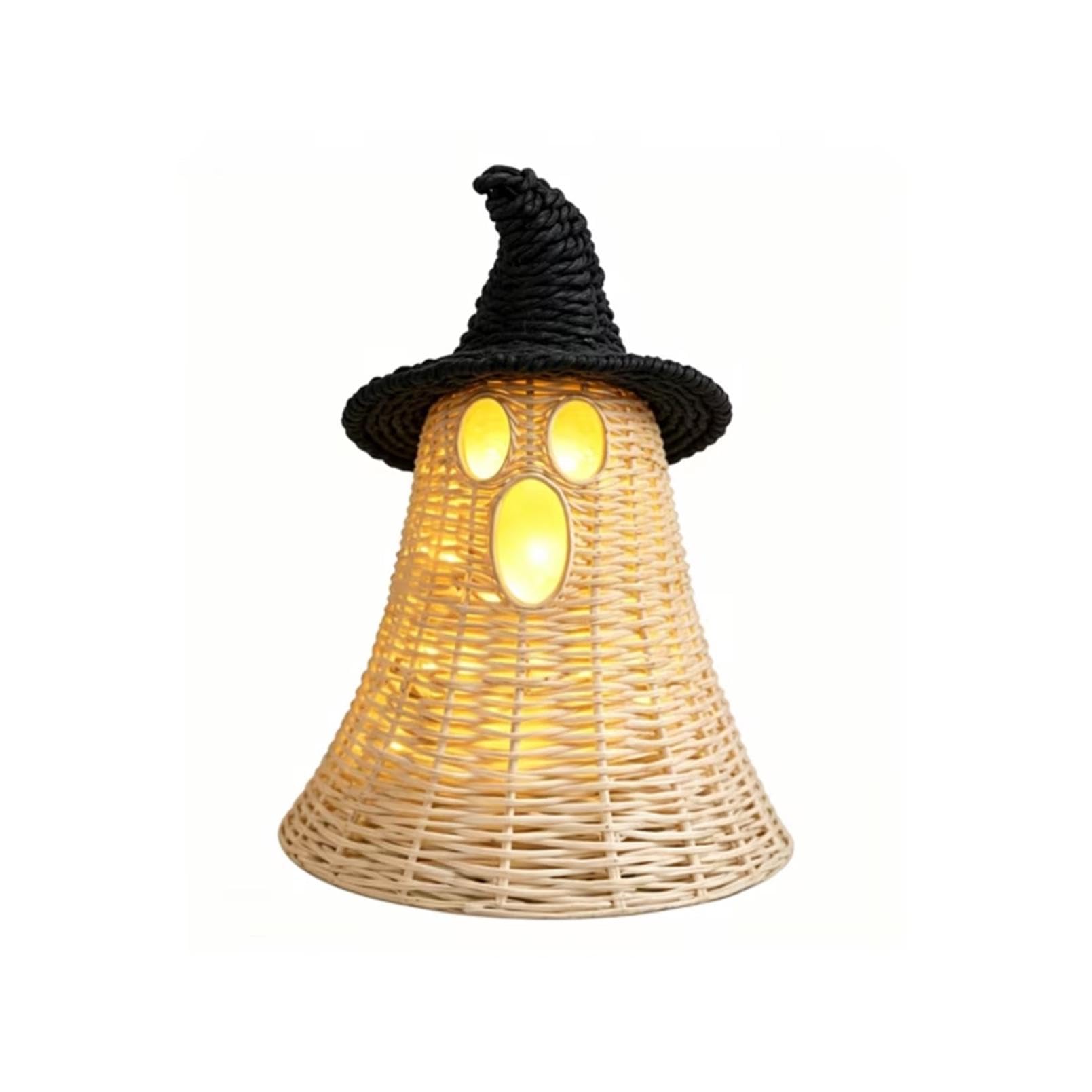 Handwoven natural-look ghost with black witch hat table decor
