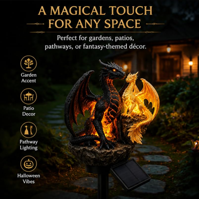 Golden Ember solar dragon garden statue light — solar lighting detail