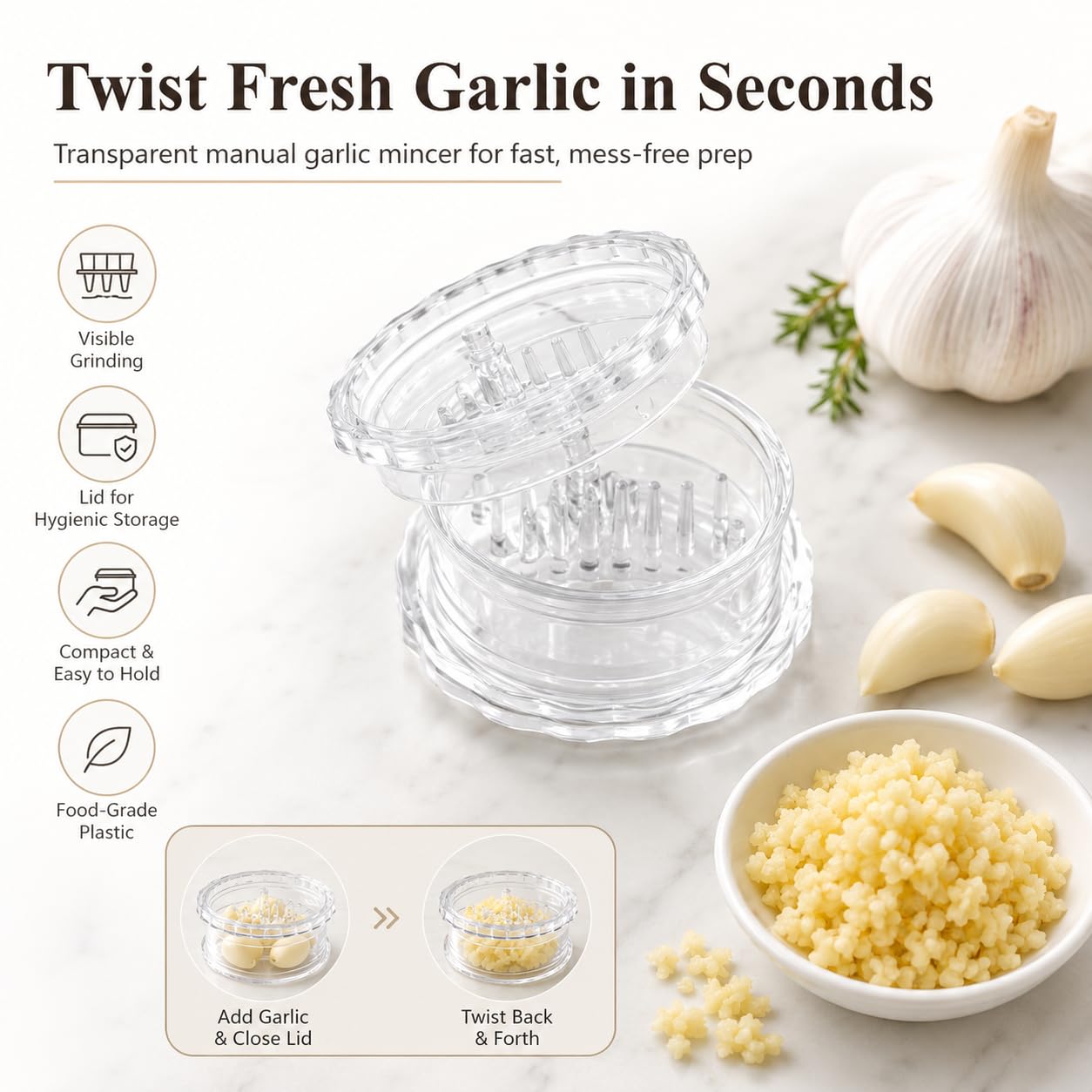 Clear manual garlic twister and ginger mincer