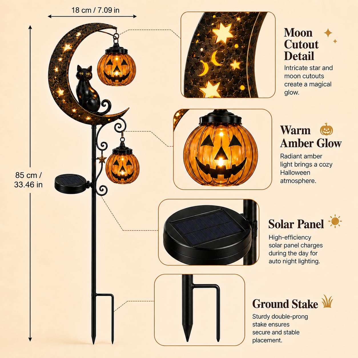 Solar Halloween black cat moon garden stake light — garden placement
