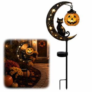Solar Halloween black cat moon garden stake light — main view