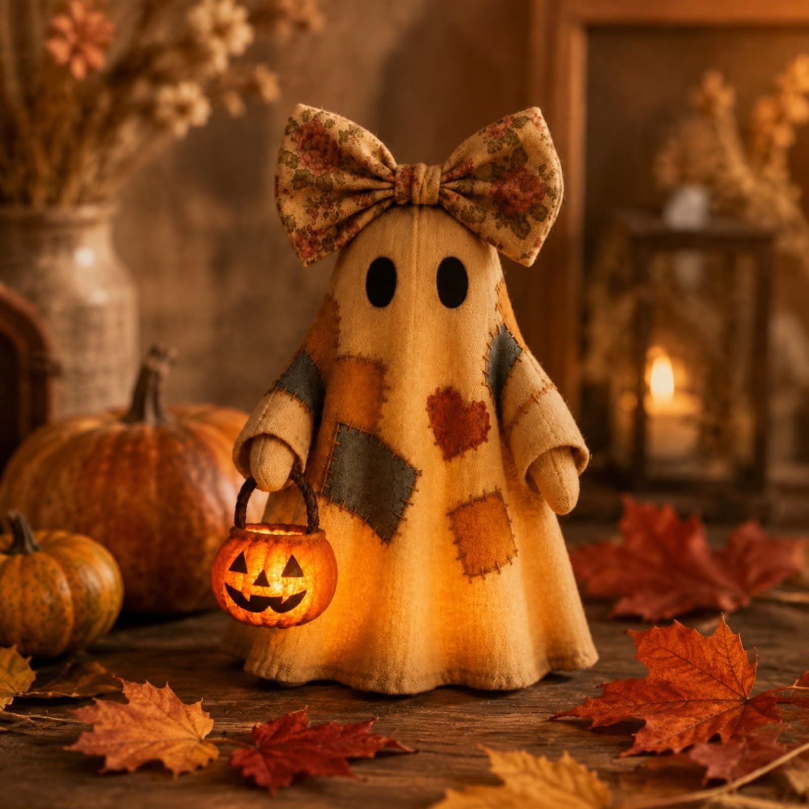 Lighted vintage patchwork ghost with pumpkin lantern — Seasonal styling and placement