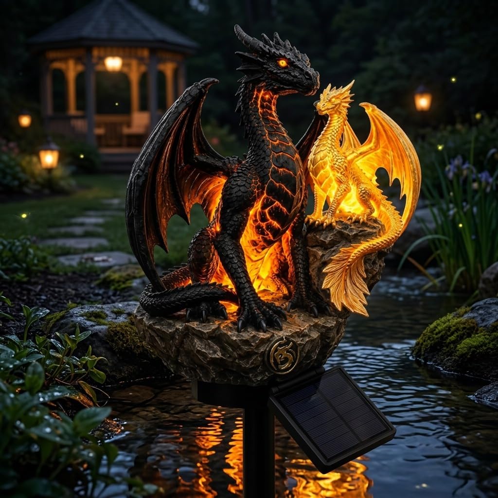 Golden Ember solar dragon garden statue light — main view