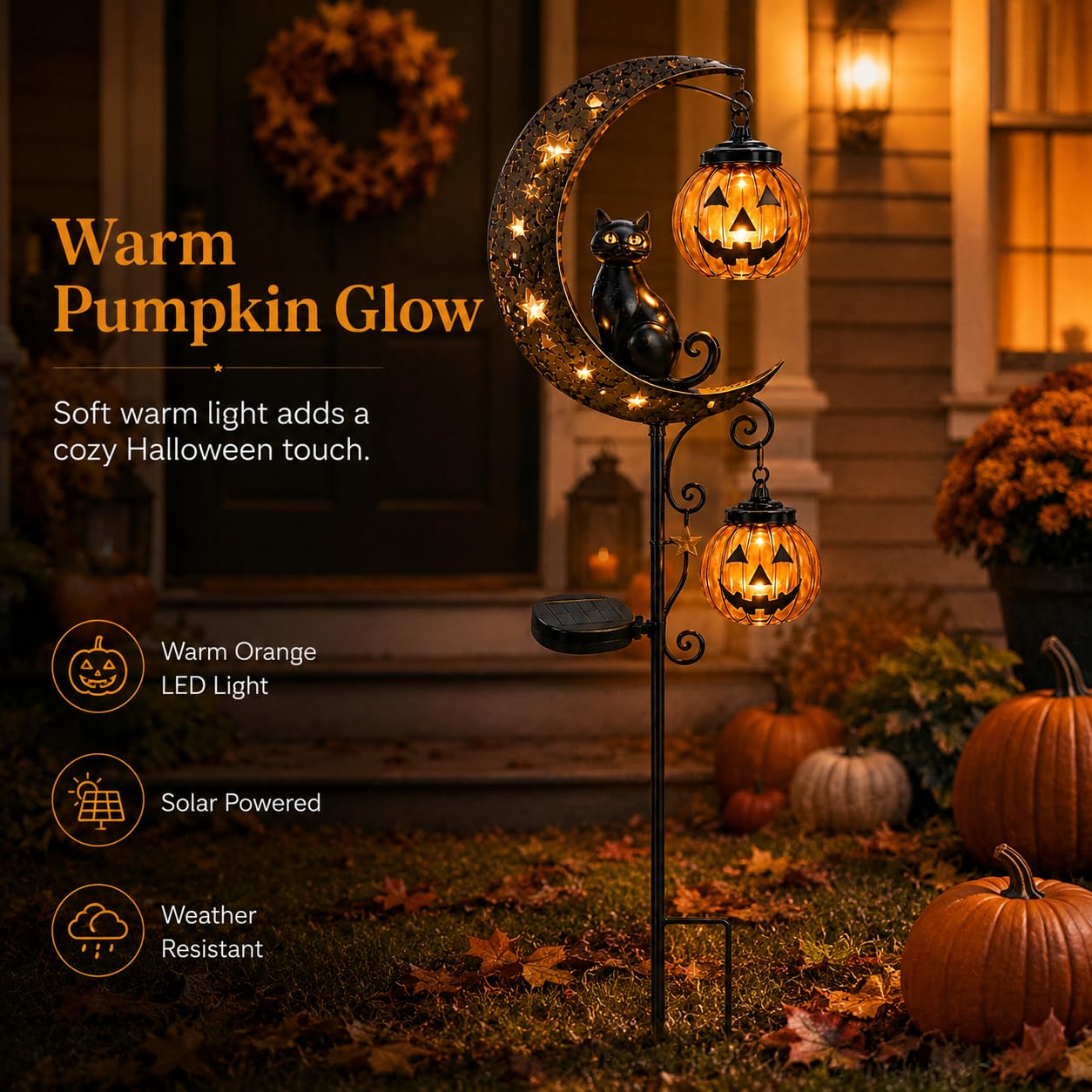 Solar Halloween black cat moon garden stake light — night display