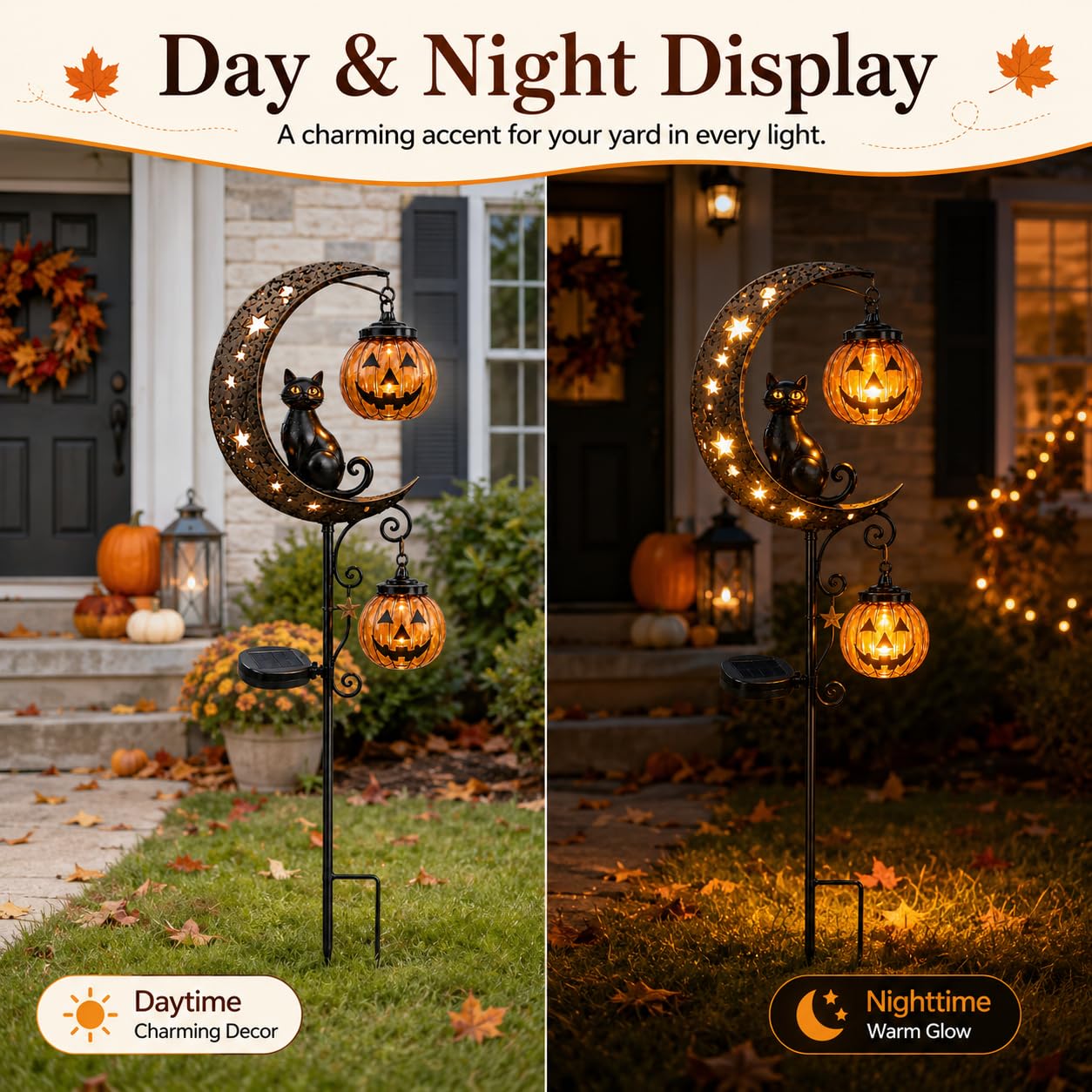 Solar Halloween black cat moon garden stake light — dimensions and setup