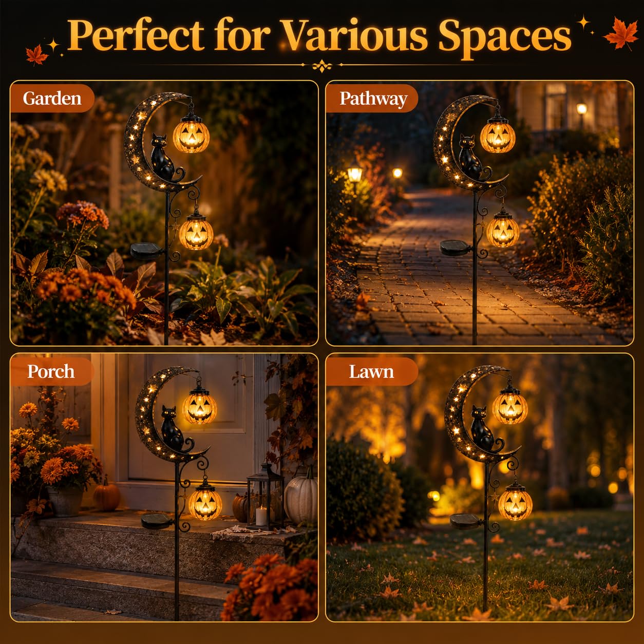 Solar Halloween black cat moon garden stake light — seasonal display