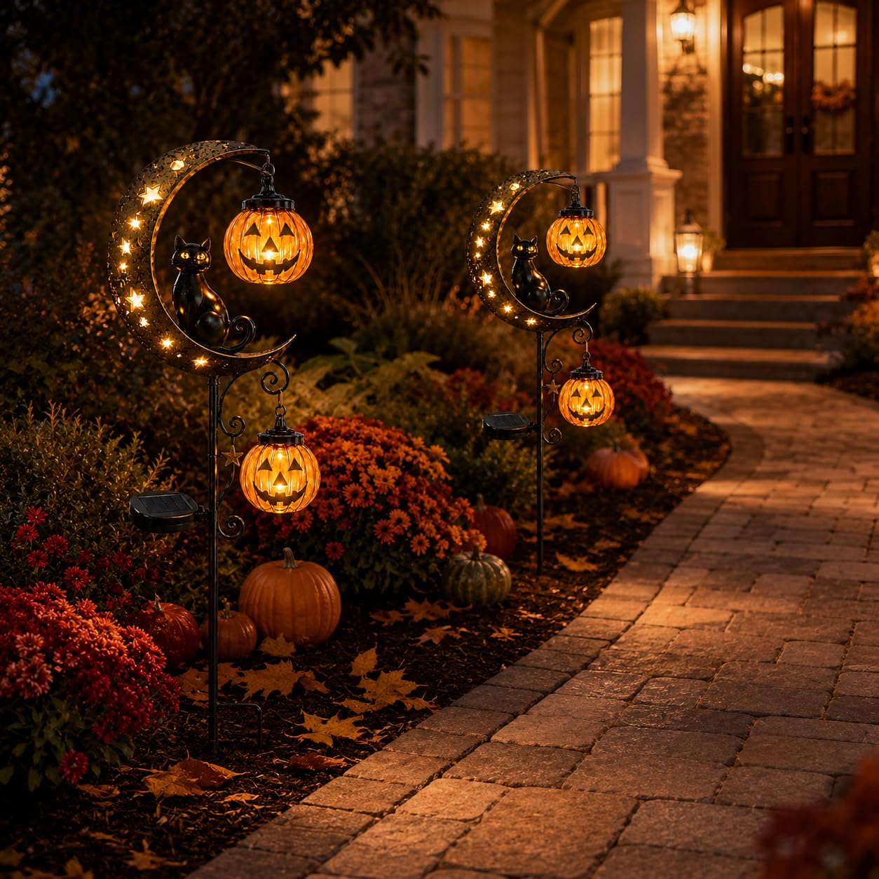 Solar Halloween black cat moon garden stake light — black cat and moon detail