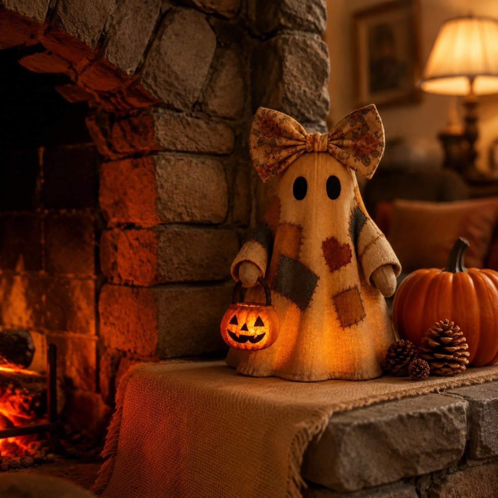 Lighted vintage patchwork ghost with pumpkin lantern — Warm LED glow and pumpkin lantern detail