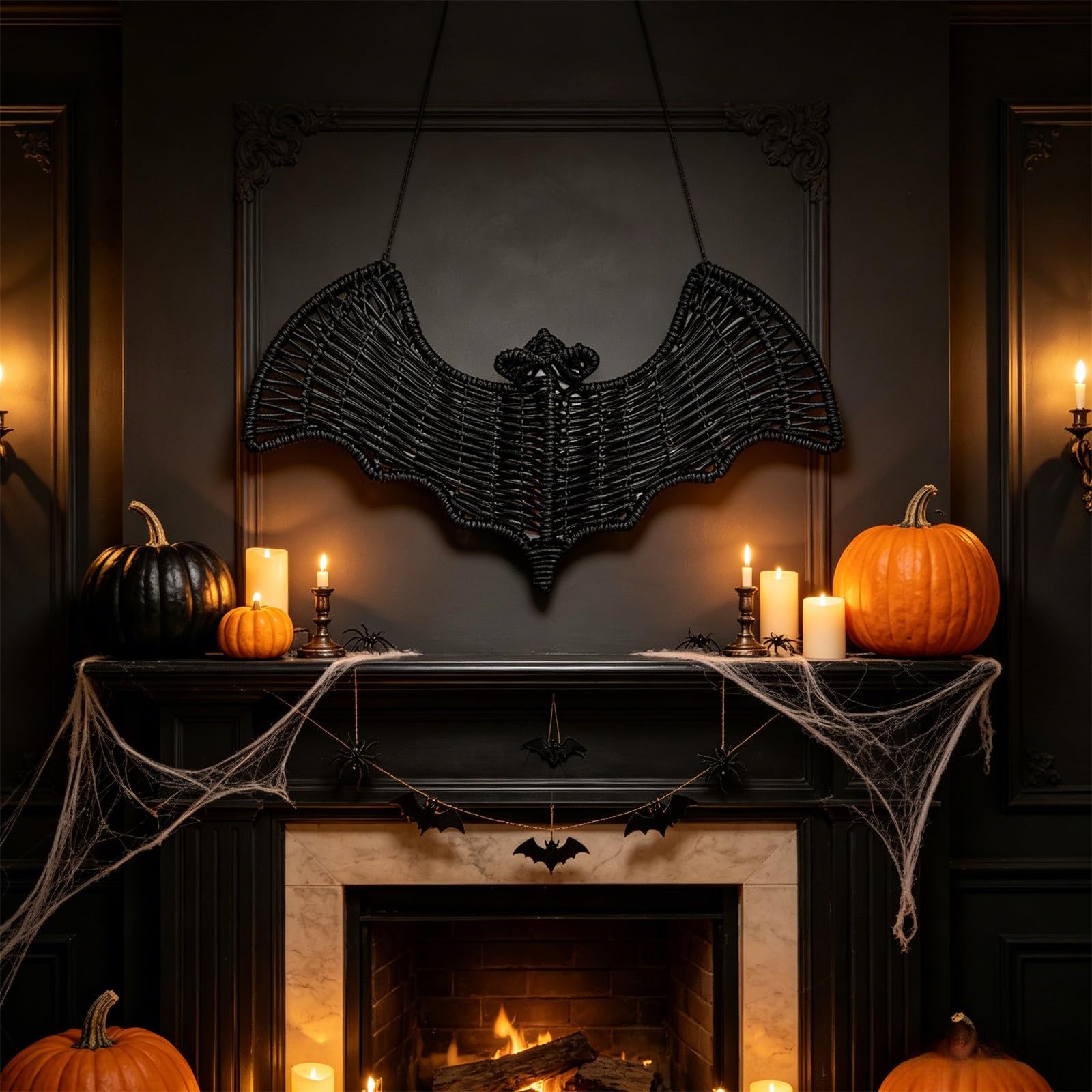 Handwoven black bat rattan Halloween wall decor