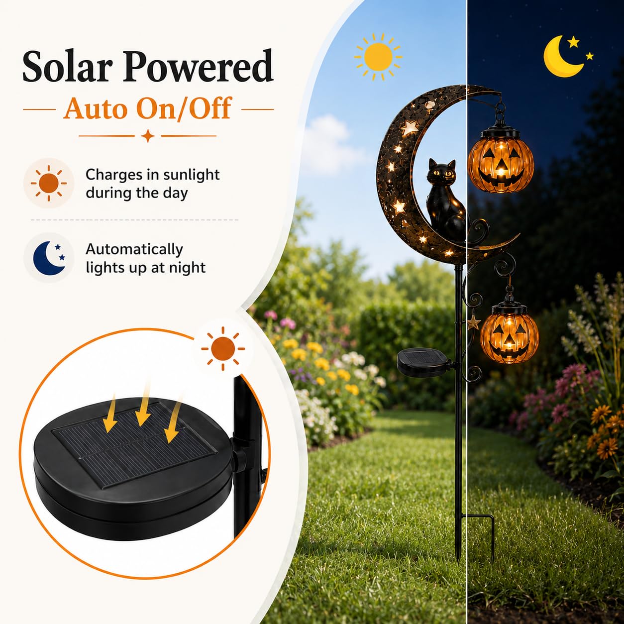 Solar Halloween black cat moon garden stake light — solar feature