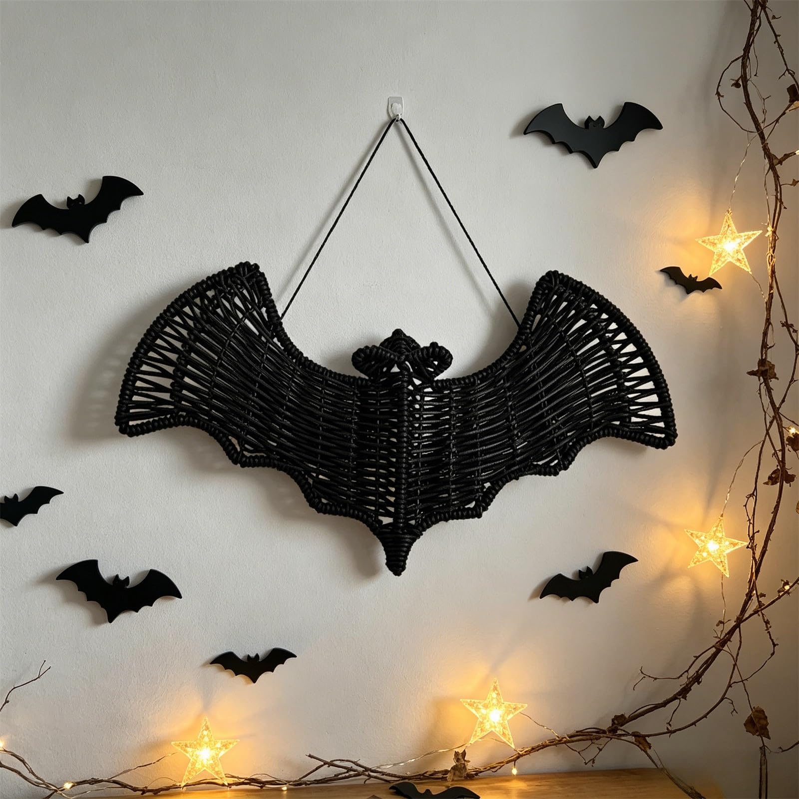Handwoven black bat rattan Halloween wall decor