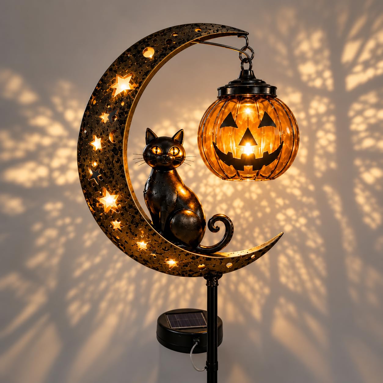 Solar Halloween black cat moon garden stake light — pumpkin lantern detail
