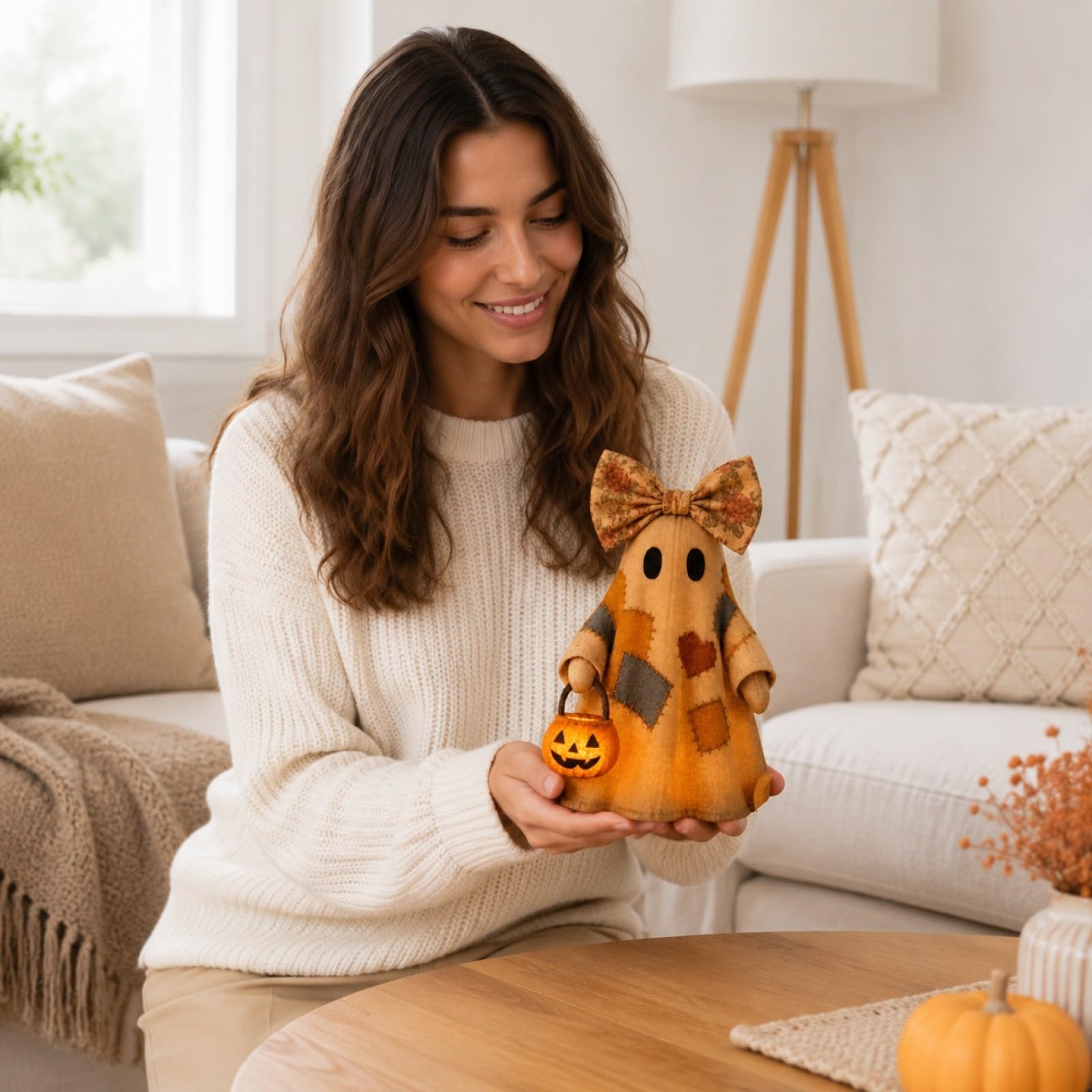 Lighted vintage patchwork ghost with pumpkin lantern — Farmhouse Halloween display