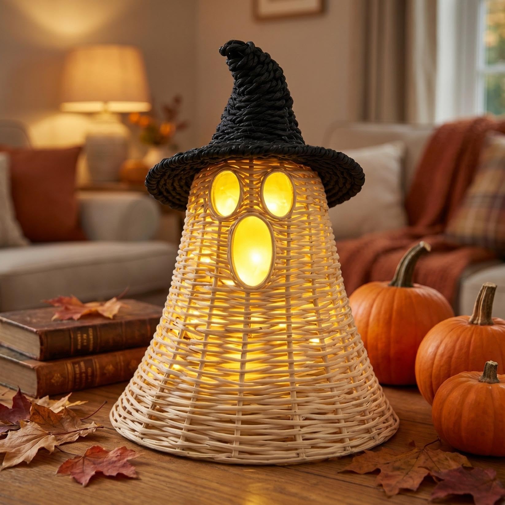 Handwoven natural-look ghost with black witch hat table decor