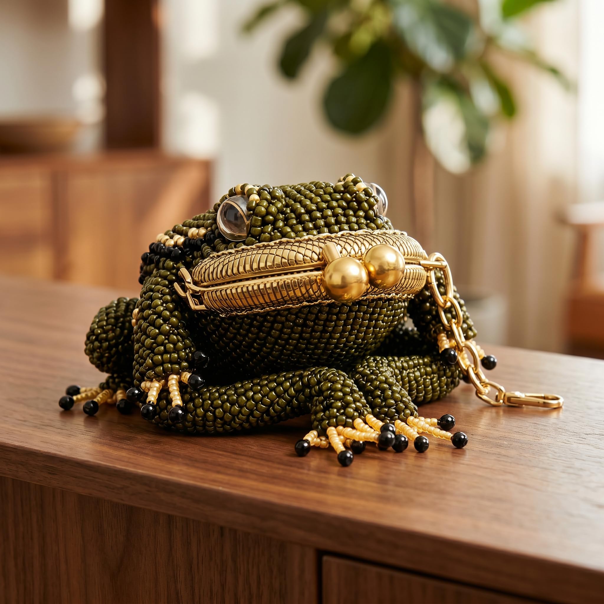 Beaded frog kiss-lock coin purse keychain