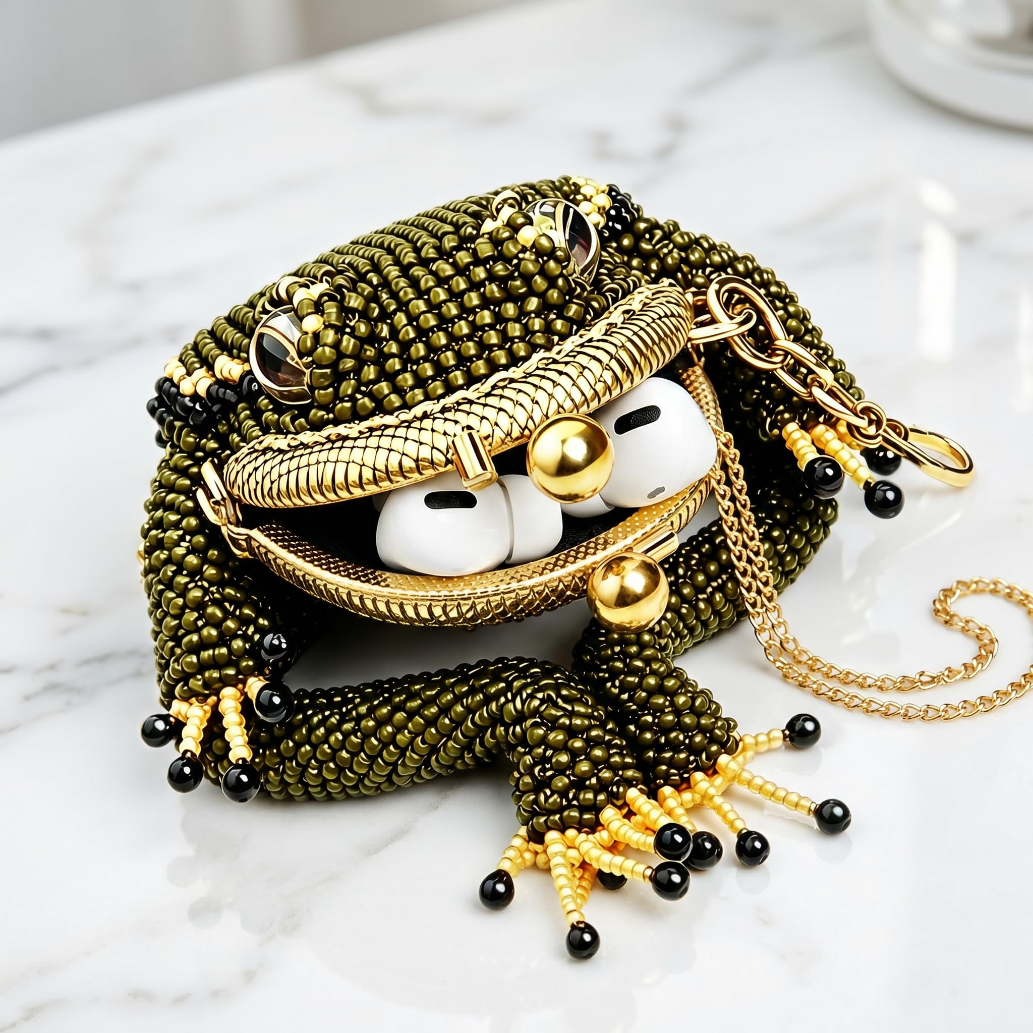 Beaded frog kiss-lock coin purse keychain