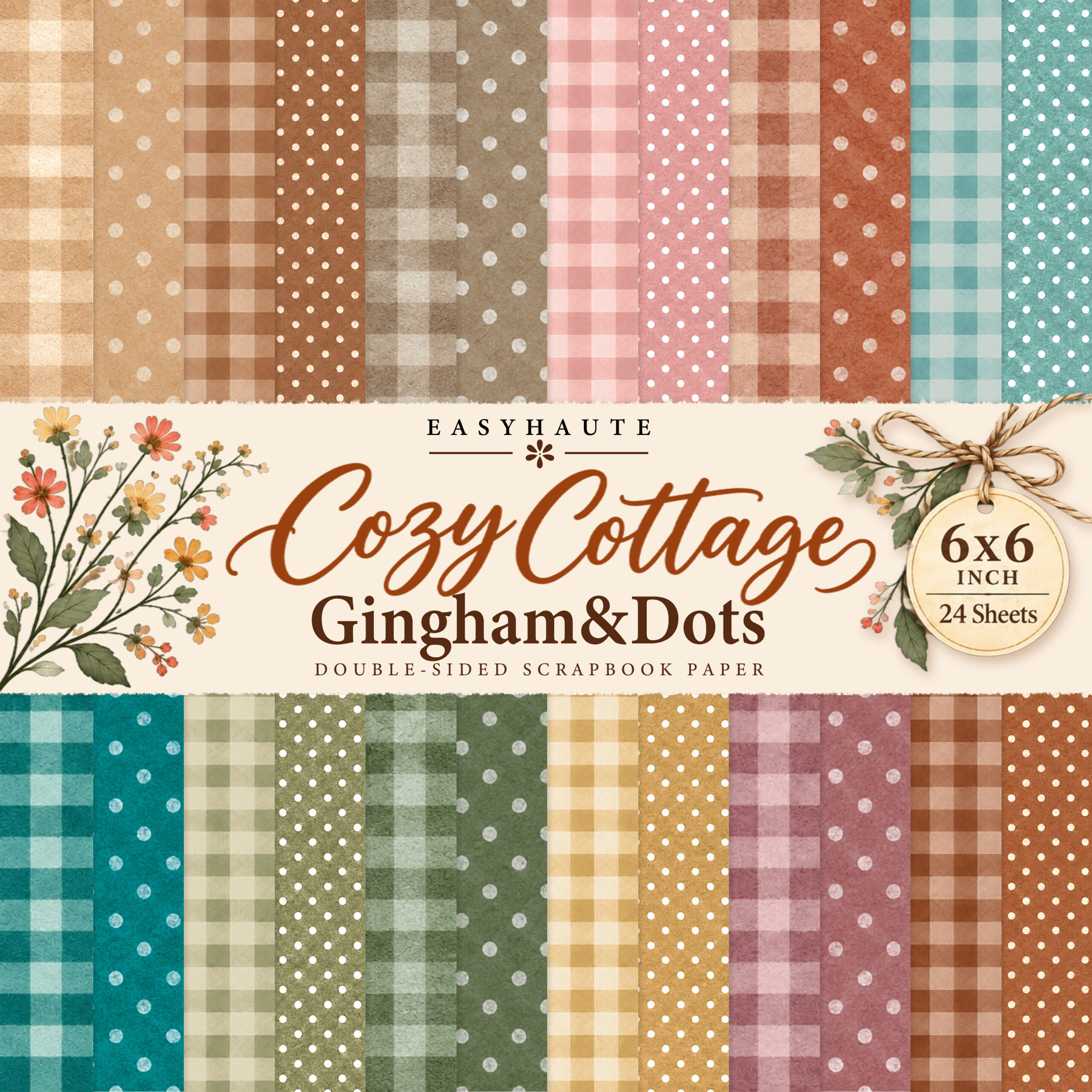 Cozy Cottage Gingham and Dots 6x6 scrapbook paper, 24 double-sided sheets