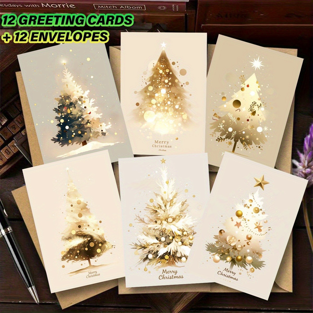 Watercolor Christmas tree greeting cards with kraft envelopes - view 2